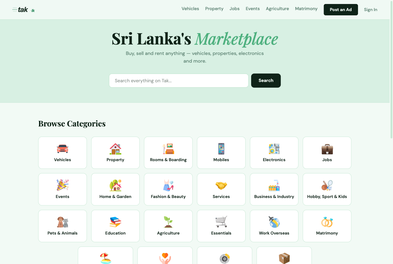 tak.lk marketplace homepage
